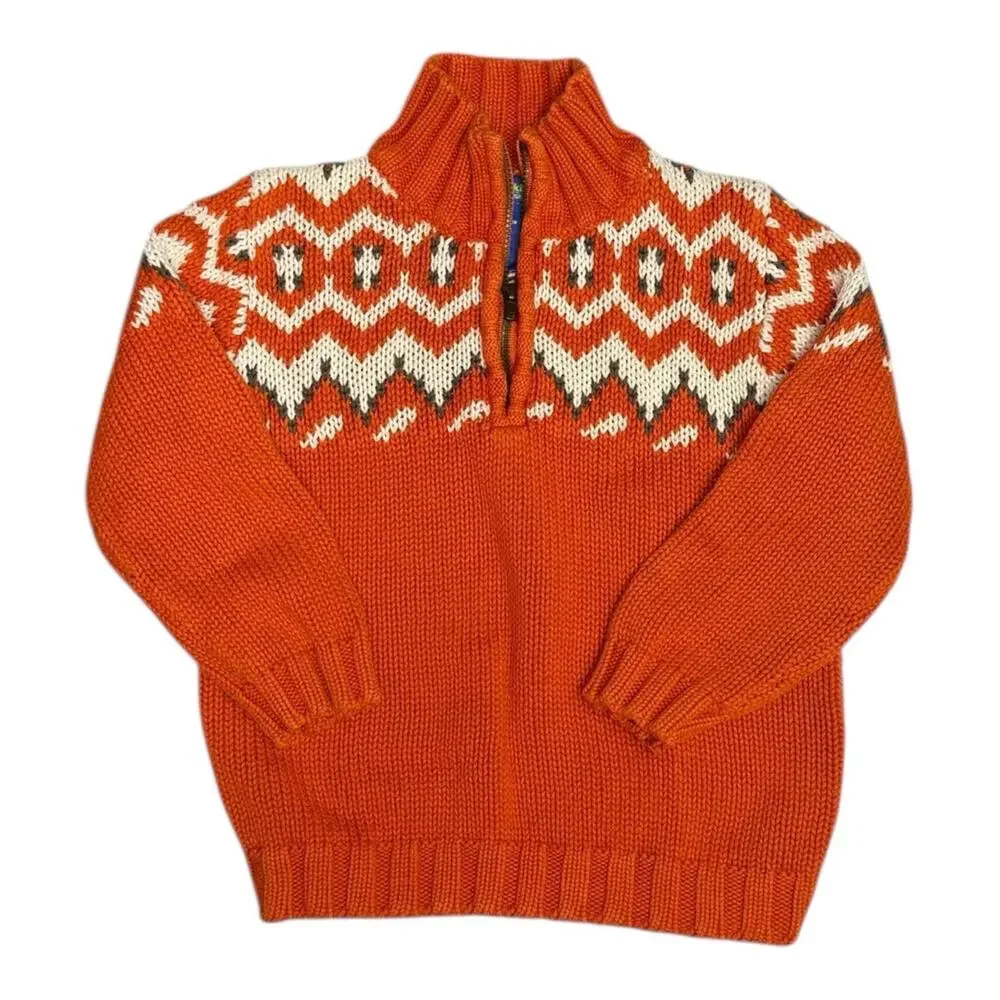 Osh Kosh B'gosh Fair Isle Sweater Boys Sz 4T Orange White 1/4 Zip Neck‎ VGC